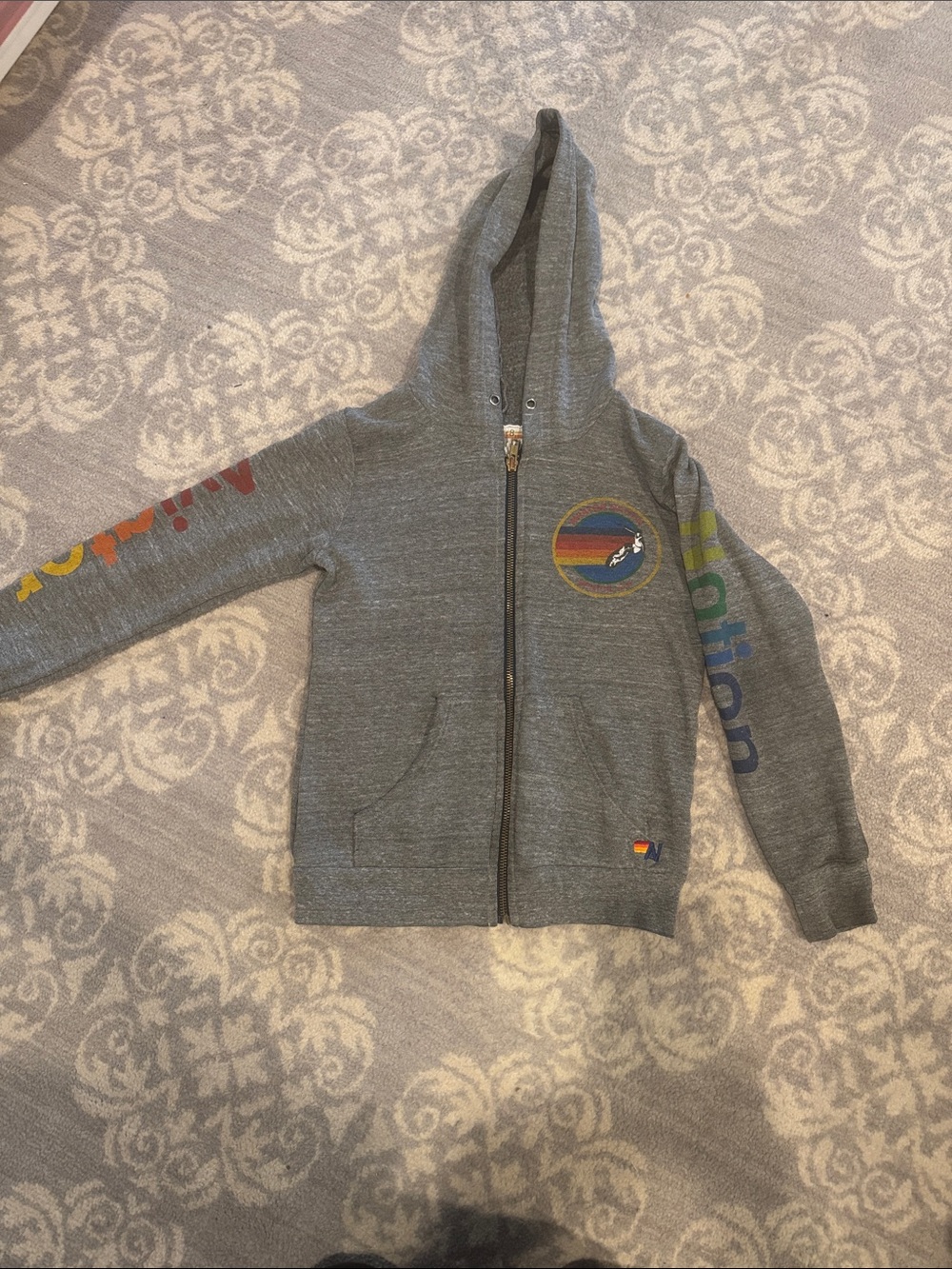 Aviator Nation Heather Gray Kids Zip Hoodie with Rainbow Surf Badge